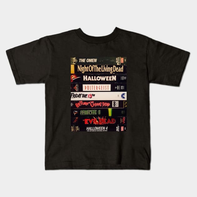 Retro Horror Movies VHS Stacks Kids T-Shirt by HipHopTees